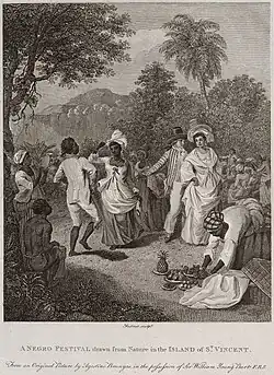 Engraving 'after Agostino Brunias' (ca 1801) entitled A Negro Festival drawn from Nature in the Island of St Vincent. National Maritime Museum, Greenwich