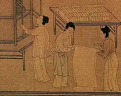 A woman (in the middle) wearing a shanku with an apron; a Song dynasty painting
