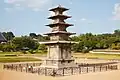 Five-story Stone Pagoda at Jeongnimsa Temple Site, one of the oldest surviving pagodas in Korea. Baekje period, Buyeo, South Korea.