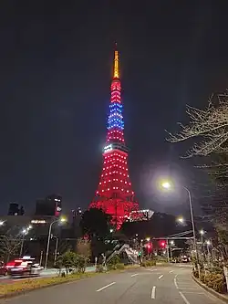 Tokyo Tower in Japan lit up with the ROC flag colors in 2021.