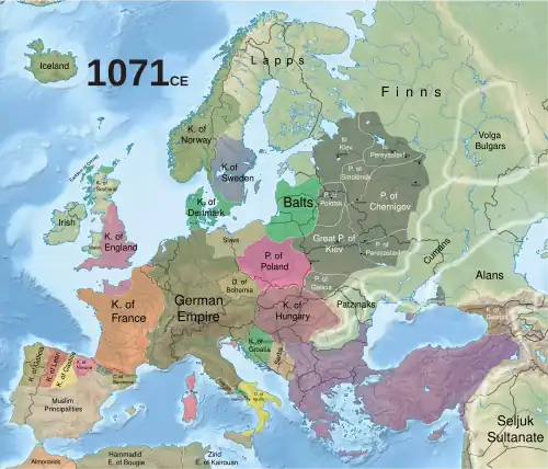 Map depicting about twenty European states, and the lands of the neighbouring pagan peoples and Muslim powers
