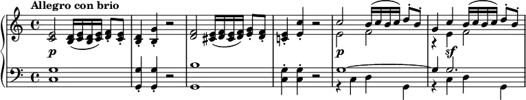 \new PianoStaff <<
\new Staff <<
\new Voice \relative c' {
\tempo "Allegro con brio"
<c e>2 <b d>16( <c e> <b d> <c e>) <d f>8-. <c e>-. |
<b d>4-. <b g'>-. r2 |
<d f>2 <cis e>16( <d f> <cis e> <d f>) <e g>8-. <d f>-. |
<c! e>4-. <e c'>-. r2 |
\voiceOne c'2 b16( c b c) d8-. b-. |
g4 c b16( c b c) d8-. b-. |
}
\new Voice \relative c' {
\voiceTwo
s1*4 |
e2 f |
r4 e f2 |
}
>>
\new Dynamics { s1\p | s1*3 | s1\p | s4 s\sf }
\new Staff <<
\new Voice \relative c {
\clef bass
<c g'>1 |
<g g'>4-. q-. r2 |
<g b'>1 |
<c g'>4-. q-. r2 |
\voiceOne g'1~ |
g4 g2.
}
\new Voice \relative c {
\voiceTwo
s1*4 |
r4 c d g, |
r4 c d g, |
}
>>
>>