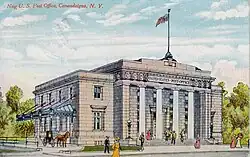 An illustration showing the building with only two stories and slightly different exterior decoration