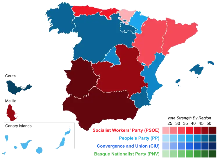 Map of Spain showcasing winning party's strength by autonomous community