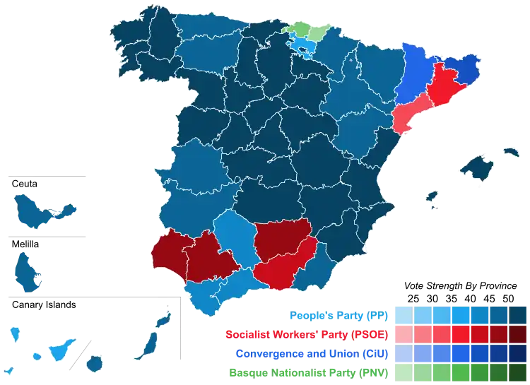 Map of Spain showcasing winning party's strength by constituency
