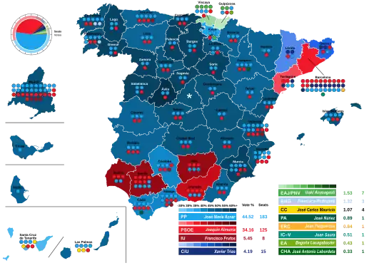 Map of Spain showcasing seat distribution by Congress of Deputies constituency