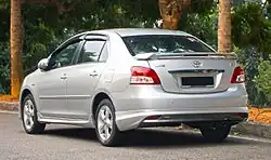 Rear view (pre-facelift) Vios G with optional TRD Sportivo body kit (NCP93, Malaysia)