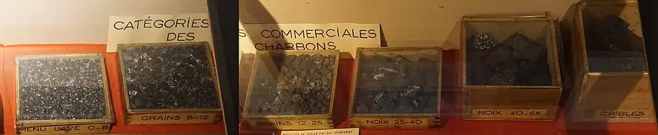 From left to right: 0-8 mm (washed menue), 8-12 mm (grains), 12-25 mm (grains), 25-40 mm (walnuts), 40-55 mm (walnuts), >55 mm (screened flakes).