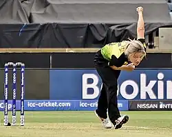 Carey bowling for Australia during the 2020 ICC Women's T20 World Cup