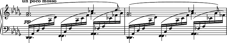 \language "english"
\midi { \tempo 4.=50 }
\new PianoStaff <<
\omit Score.TimeSignature
\new Staff = "top" \fixed c' {
\key df \major
\voiceOne
<f af>2.( \voices "",2 << { cf'4 df'8) } \\ af4. >> |
<f af>2.( \voices "",2 << { cf'4 af8) } \\ af4. >> |
}
\new Dynamics { \time 9/8 \tempo "un poco mosso" s8\pp }
\new Staff = "bottom" {
\clef bass
\key df \major
<<
{
df,16( af, df f \change Staff = "top" \voiceTwo af df') \change Staff = "bottom" \voiceOne
f,( c f \change Staff = "top" \voiceTwo af c' f') \change Staff = "bottom" \voiceOne
af,( ff af \change Staff = "top" \voiceTwo cf' ff' af') \change Staff = "bottom" \voiceOne |
df,16( af, df f \change Staff = "top" \voiceTwo af df') \change Staff = "bottom" \voiceOne
f,( c f \change Staff = "top" \voiceTwo af c' f') \change Staff = "bottom" \voiceOne
af,( ff af \change Staff = "top" \voiceTwo cf' af' ff') \change Staff = "bottom" \voiceOne |
}
\\
{ df,4. f, af, | df, f, af, | }
>>
}
>>
