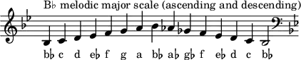 \header { tagline = ##f }
scale = \relative b { \key bes \major \omit Score.TimeSignature
bes^"B♭ melodic major scale (ascending and descending)" c d es f g a bes as ges f es d c bes2 \clef F \key bes \major }
\score { { << \cadenzaOn \scale \context NoteNames \scale >> } \layout { } \midi { } }