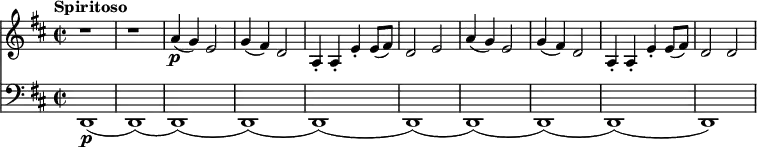 <<
\new Staff
\relative a'
{
\key d \major
\time 2/2
\tempo "Spiritoso"
\tempo 4 = 230
\clef treble
r1
r1
a4\p (g4) e2
g4 (fis4) d2
a4\staccato a\staccato e'\staccato e8 (fis8)
d2 e2
a4 (g4) e2
g4 (fis4) d2
a4\staccato a\staccato e'\staccato e8 (fis8)
d2 d2
}
\new Staff
\relative a
{
\key d \major
\clef bass
d,,1\p
(d1)
(d1)
(d1)
(d1)
(d1)
(d1)
(d1)
(d1)
(d1)}
>>