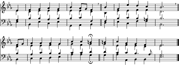 << <<
\new Staff { \clef treble \time 4/4 \partial 4 \key es \major \set Staff.midiInstrument = "flute" \omit Staff.TimeSignature \set Score.tempoHideNote = ##t \override Score.BarNumber #'transparent = ##t
\relative c'
<< { es4 | f g as g | bes as8 g f4 \breathe \bar"||" bes | g es' d c | bes2. \breathe \bar"||" \break
f8 g | as4 as as g | c c b\fermata \bar"||" b! | c as g f | es2. \bar"|." } \\
{ es4 | d es es es | es es d bes | es es f f | d2.
d4 | es es f g | g f g g | es f es d | es2. } >>
}
\new Staff { \clef bass \key es \major \set Staff.midiInstrument = "flute" \omit Staff.TimeSignature
\relative c'
<< { g4 | bes bes as bes | bes c f, f | bes c bes a | bes2.
bes4 | as c bes bes | c c d d | c c bes4. as8 | g2. } \\
{ es4 | bes es c es | g, as bes d | es c f f | bes,2.
bes4 | c c d es | as as g\fermata g | as as, bes bes | es2. } >>
}
>> >>
\layout { indent = #0 }
\midi { \tempo 4 = 88 }