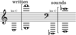 {
\new Staff \with { \remove "Time_signature_engraver" }
\clef treble \key c \major ^ \markup "written" \cadenzaOn
\tweak font-size #-2 c1 \finger \markup \text "low C"
\arpeggioBracket <e f'''>1 \arpeggio
\once \hide r1
\clef bass ^ \markup "sounds"
\tweak font-size #-2 bes,,, \finger \markup \text "low C"
\arpeggioBracket
<d,, ees'>1\arpeggio
}