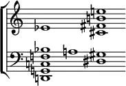 
\layout {
  \context {
    \PianoStaff
    \consists "Span_stem_engraver"
  }
}
\new StaffGroup <<
  \new Staff \with { \remove "Time_signature_engraver" \remove "Bar_engraver" } \relative c {
  \set PianoStaff.connectArpeggios = ##t
  \clef treble \override Stem #'transparent = ##t \set PianoStaff.connectArpeggios = ##t
  \accidentalStyle dodecaphonic
  \set Staff.midiInstrument = "piano"
    ees'1 s1 <cis fis b e>1
  }
  \new Staff \with { \remove "Time_signature_engraver" \remove "Bar_engraver" } \relative c, {
  \clef bass \override Stem #'transparent = ##t
  \accidentalStyle dodecaphonic
  \set Staff.midiInstrument = "piano"
    <d g c f bes>1 a''1 <dis, gis>1
  }
>>
