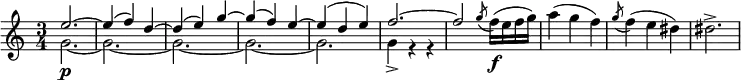 { \tempo 4 = 144 \set Score.tempoHideNote=##t \set Staff.midiInstrument = "violin" \relative e'' { \key c \major \time 3/4 <<
\new Voice = "first" { \voiceOne e2.~ e4( f) d~ d( e) g~ g( f) e~ e( d e) f2.~ f2 }
\new Voice = "second" { \voiceTwo g,2.~ \p g~ g~ g~ g g4-> r r } >>
\oneVoice { \acciaccatura g'8 f16( \f e f g) a4( g f) \acciaccatura g8 f4( e dis) dis2.->}
}}