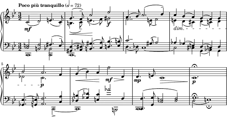 { \new PianoStaff <<
\new Staff \relative c' { \clef treble \time 3/2 \key bes \major \tempo "Poco più tranquillo" 2 = 72 c2(\mf d) e4.( c8)-- << { \stemUp g'4.(\< f8--) c'2\! f\f | a,4.( bes8) c2.( d4--) | c\dim bes( a) g( f) g | bes2 a2.\p } \\ { \stemDown b,4.( c8--) e4.( f8) gis2 | f2.. e8( f2) | e4 d( cis) d( c) d | des2 c2. } >> f4 | g(\< bes) a\! f'2\mf\> d,4\! | d4.(\mp e8 c1\> | c1.\!\fermata\p }
\new Staff \relative c { \clef bass \time 3/2 \key bes \major << { <e c>2 <f b,> fis4.( e8--) | <d gis,>4.( <dis a>8) <gis b,>4.( <a c,>8) <bes d,>4.( <b ees,>8) | c2.. gis8( a2) | aes4 ges( e) d( c) d | <ees ges,>4.( <e g,>8) <f a,>2. <a c,>4 | <b des,>( <des ges,>) <c e,> aes'2 f,4 | <f c,>4.( <g g,>8 <e c>2( <f d>) | g1.\fermata } \\ { c,,1 <bes' c,>2 | c,1. | d'4.( des8) c1~ | c2 cis4 g( aes) g | s1 c,2->~ | c1 b2 | c1 s2 | d'2( e1)\fermata } >> }
>> }