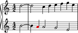 \new PianoStaff <<
\new Staff <<
\relative c'' {
\clef treble \key c \major \time 4/2
\partial2 d2~ d c4 d e f g e
}
>>
\new Staff <<
\relative c'' {
\clef treble \key c \major \time 4/2
\partial2 b2~ b4 \once \override NoteHead.color = #red a a2 g e
}
>>
>>