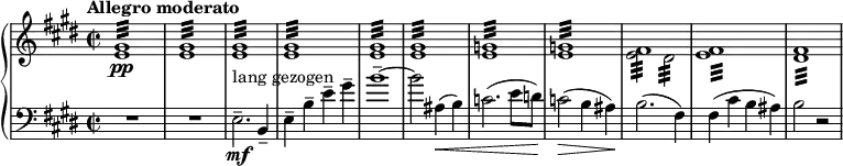 { \new PianoStaff << % This score generates several LilyPond warnings.
\new Staff <<
\new Voice { \set Score.tempoHideNote = ##t \tempo "Allegro moderato" 2 = 60
\clef "treble" \key e \major \set Staff.midiInstrument = #"piano" \relative e \time 2/2 | % 1
s1*8 | % 9
\stemDown e'2 :32 dis'2 :32 s1*2 } % Warning: conflict with event: `tremolo-event'
\new voice { \relative e % Warning: cannot create context: voice
\clef treble | % 1
\stemUp <e' gis'>1 \pp :32 | % 2
<e' gis'>1 :32 | % 3
<e' gis'>1 :32 | % 4
<e' gis'>1 :32 | % 5
<e' gis'>1 :32 | % 6
<e' gis'>1 :32 | % 7
<e' g'>1 :32 | % 8
<e' g'>1 :32 | % 9
fis'1^ :32 | \barNumberCheck #10 % Warning: maybe input should specify polyphonic voices; Warning: adding note head to incompatible stem; Warning: discarding event: `tremolo-event'
<e' fis'>1^ :32 | % 11
<dis' fis'>1 :32 } >>
\new Staff \relative e { \set Staff.midiInstrument = #"piano" \key e \major \clef bass \time 2/2
R1*2 | % 3
e2. \mf ^"lang gezogen" -- b4 -- | % 4
e4 -- b'4 -- e4 -- gis4 -- | % 5
b1 ~ -- | % 6
b2 ais,4 \< ( b4 ) | % 7
c2. ( e8 d8 ) | % 8
c2 \! \> ( b4 ais4 ) | % 9
b2. \! ( fis4 ) | \barNumberCheck #10
fis4 ( cis'4 b4 ais4 ) | % 11
b2 r2 }
>> }