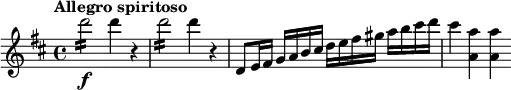 \relative c''' {
\tempo "Allegro spiritoso"
\key d \major
d2:16\f d4 r |
d2:16 d4 r |
d,,8 e16 fis g a b cis d e fis gis a b cis d |
cis4 <a a,> q
}