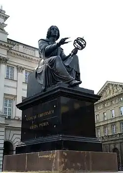 Latin inscription on east face of pedestal: "To Nicolaus Copernicus [from a] Grateful Nation".