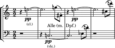 
\new StaffGroup <<
  \new Staff \relative c'' {
  \clef treble \override Staff.TimeSignature.style = #'numbered \time 2/2
  \set Score.tempoHideNote = ##t \tempo 2 = 50 \accidentalStyle dodecaphonic
  \set Staff.midiInstrument = "clarinet"
    r4 e2._\markup { \tiny (cl.) }\pp~ | e2. g8( fis,8-.) | r4 e'2.\pp~ | e2. cis8( d'8-.) |
  }
  \new Staff \relative c {
  \clef bass \override Staff.TimeSignature.style = #'numbered \time 2/2
  \set Score.tempoHideNote = ##t \tempo 2 = 50 \accidentalStyle dodecaphonic
  \set Staff.midiInstrument = "string ensemble 1"
    r1 | r4 c2.^"Alle (m.  Dpf.)"_\markup { \tiny (vlc.) }\pp~ | c2. ees8( d'8-.) | r1
  }
>>