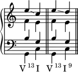 
\new PianoStaff <<
  \new Staff \fixed c' {
    \omit Score.TimeSignature \time 2/4
    << { e'\glissando c' e'\glissando d' } \\ { f e f e } >>
  }
  \new Staff { \clef bass << { b g b g } \\ { g, c g, c } >> }
  \new Lyrics \lyricmode {
    \markup { V \super 13 } I \bar "||"
    \markup { V \super 13 } \markup { I \super 9 } \bar "||"
  }
>>
