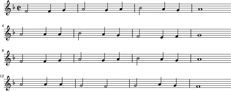\new Staff <<
\clef treble \key f \major {
\time 2/2 \partial 1
\relative f' {
f2 f4 g | a2 g4 a | bes2 a4 g | a1 \bar"" \break
a2 a4 a | bes2 a4 g | f2 e4 f | g1 \bar"" \break
f2 f4 g | a2 g4 a | bes2 a4 g | a1 \bar"" \break
a2 a4 a | g2 f | g2 a4 g | f1 \bar"" \break
}
}
%\new Lyrics \lyricmode {
%}
>>
\layout { indent = #0 }
\midi { \tempo 2 = 54 }
