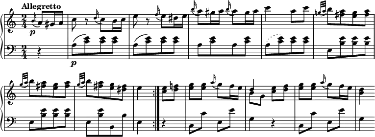 
\header { tagline = ##f }
\layout { indent = 0 \context { \Score \remove "Bar_number_engraver" } }
global = { \key c \major \time 2/4 \partial 4 \tempo "Allegretto" }

right = \relative c'' { \global
  \repeat volta 2 { \appoggiatura b16\p a8 gis16 a | c8 r \appoggiatura d16 c8 b16 c | e8
  r8 \appoggiatura f16 e8 dis16 e | \appoggiatura b'16 a8 gis16 a
  \appoggiatura b16 a8 gis16 a | c4 a8 c | \appoggiatura {g!32 a } b8 [<a fis> <g e> <a fis>] |
  \appoggiatura { g32 a } [b8 <a fis> <g e> <a fis>] |
  \appoggiatura { g32 a } [b8 <a fis> <g e> <fis dis>]| e4 }
  <e c>8 <f! d> | <g e> q \appoggiatura a16 g8 f16 e | << {d4} \\ {b8 g} >> <e' c> <f d> |
  <g e> q \appoggiatura a16 g8 f16 e | <d b>4
}

left = \relative c' { \global \clef bass
  \repeat volta 2 {\appoggiatura s16 r4 | a8\p [(<e' c>) q q] |  a,8 [(<e' c>) q q] |
  a, [<e' c> a, <e' c>] | \slurDotted a, [(<e' c>) q q] | e, [<e' b> q q] | e, [<e' b> q q] |
  e, [<e' b> b, b'] | e,4 }
  r4 | c8 c' e, e' | g,4 r | c,8 c' e, e' | g,4
}

\score {
  \new PianoStaff
  <<
    \new Staff = "right" \with { midiInstrument = "acoustic grand" } \right
    \new Staff = "left"  \with { midiInstrument = "acoustic grand" } \left
  >>
  \layout { }
}
%{
\score { \unfoldRepeats { << \right \\ \left >> }
  \midi { \tempo 4=126 }
}
%}
