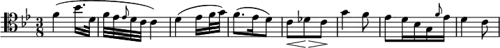 {
\relative c' { \clef tenor \key bes \major \time 3/8
f( bes16. d,32 | f ees \grace ees8 d32 c c4) | d( ees16 f32 g) | f8.( ees16 d8) | c\< des\!\> c\! | g'4 f8 | ees d16 bes g \grace f'8 ees16 | d4 c8
} }
\layout { \context {\Score \omit BarNumber} line-width = #180 }