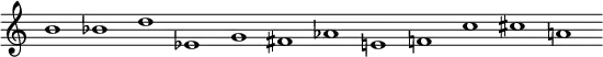 {
\override Score.TimeSignature #'stencil = ##f
\override Score.SpacingSpanner.strict-note-spacing = ##t
\set Score.proportionalNotationDuration = #(ly:make-moment 3/2)
\relative c'' {
\cadenzaOn
b1 bes d
es, g fis
aes e f
c' cis a
}
}
