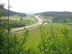 A 71 crossing the Wipfratal, rightwards the Nuremberg–Erfurt high-speed railway and their gate to the Sandberg Tunnel