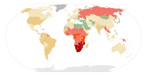 A map of the world where most of the land is colored green or yellow except for sub Saharan Africa which is colored red