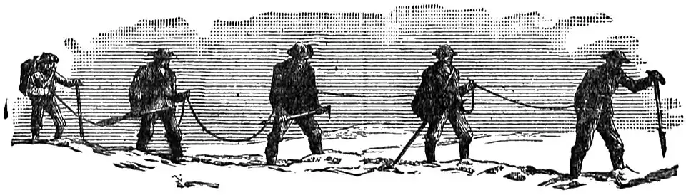 Roped Together, previously published in Scrambles amongst the Alps captioned The Right Way to use a Rope on Glacier with signatures "JM" and "Whymper sc"[4]