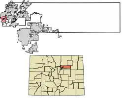Location of the Shaw Heights CDP in Adams County, Colorado.