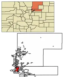 Location of the City of Thornton in Adams and Weld counties, Colorado