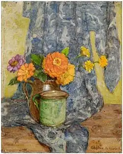 Still Life with Zinnias in a Pitcher with Green Cup and Blue Drape by Adeline Albright Wigand, nd