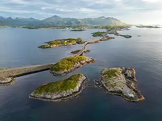 Aerial view of a part of the Atlantic Ocean Road, taken at midnight sun