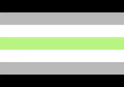 Agender pride flag, made up of horizontal stripes of, from top to bottom, black, gray, white, green, white, gray, and black.
