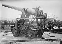A 14" (356 mm) disappearing gun being tested at Sandy Hook