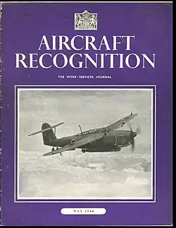 Cover of the issue for May 1944 (Volume II Number 9). The cover has an indigo background and in white test the title Aircraft Recognition and the date May 1944. The bulk of the cover is taken up by a photograph of a Fairey Barracuda aircraft.