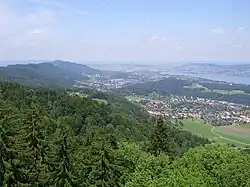Langnau am Albis, Adliswil, Leimbach and Lake Zürich, as seen from the Albis hills (Hochwacht)