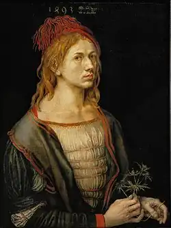 Albrecht Dürer Self-portrait 1493. oil, originally on vellum Louvre, Paris. This is among the earliest known formal self-portraits. He is dressed in Italian fashion, reflecting his international success.