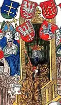 A 1506 depiction of Grand Duke Alexander Jagiellon in the Polish Senate, surrounded by Lithuanian and Polish coat of arms, one of them are the golden Columns of Gediminas