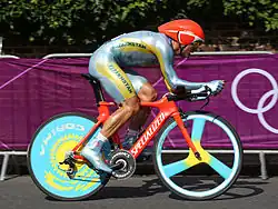 Alexander Vinokurov during the Men's cycling event at the 2012 Summer Olympics in London donning the Kazakh flags on rims
