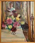 Bouquet of dahlias with artist in the background, 1935, Oil, 79x64 cm