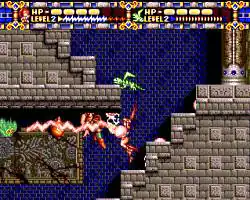 Gauges at the top represent the life and offensive capability of the player character, Alisia Deena Rain, and her pets. The area below the gauges is the main screen for the game; Alisia is jumping on a flight of stairs and firing her lightning at a group of enemies in this screen capture.