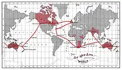 Map showing British possessions and cables in red
