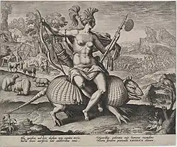 Engraving after Maerten de Vos, 16th century. Captives are being butchered and cooked in left background.[21]