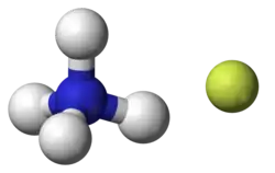 ball-and-stick model of an ammonium cation (left) and a fluoride anion (right)